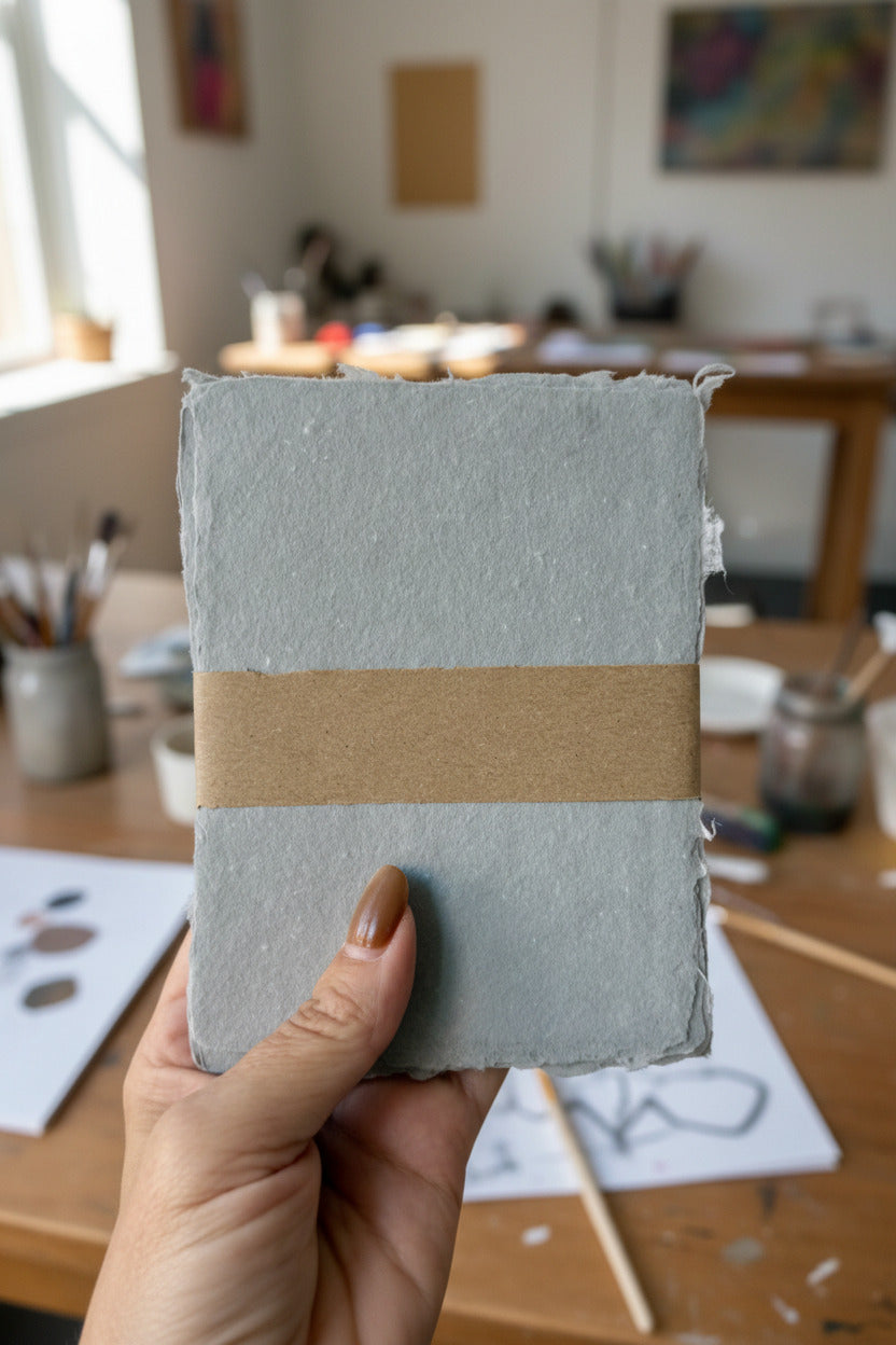 Handmade Paynes Grey Paper Sheet Set in 5 x 7" being held in hand ©Sprout Home