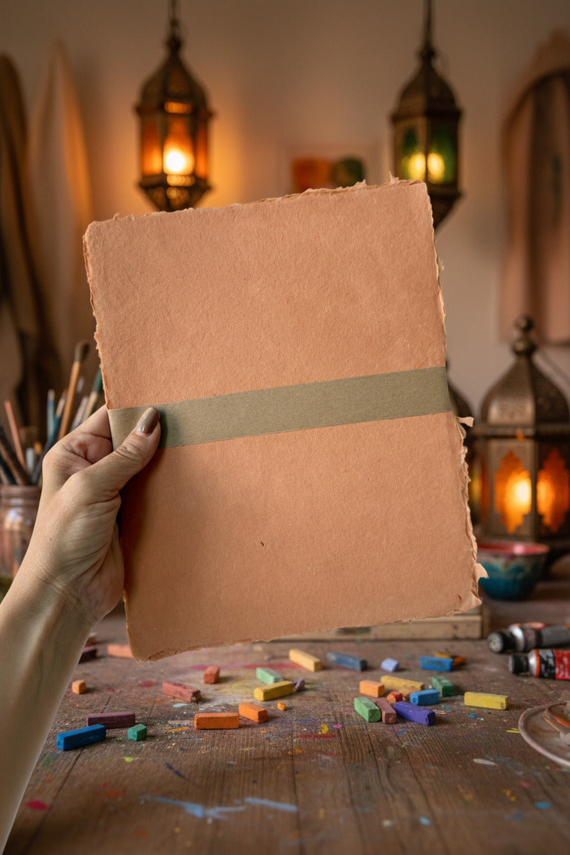 hand holding a Handmade Terracotta Paper Sheet Set in 8x10  ©Sprout Home
