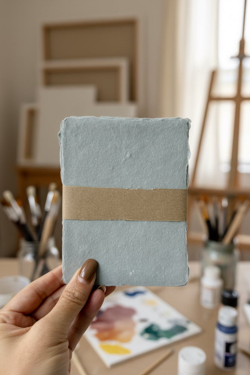 A hand with brown nail polish holds a handmade Paynes gray paper by Sustainable Paper+Design bound with a horizontal strip of brown kraft paper in a studio ©Sprout Home