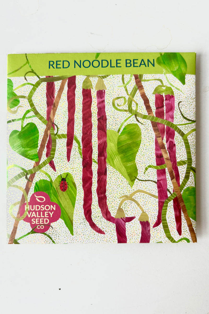 Red Noodle Bean seed pack with a picture of long, red hanging beans and green leaves and vines with the Hudson Valley Logo in the bottom left hand corner against a white background