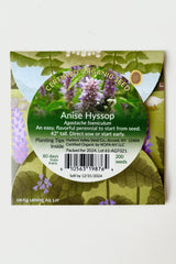 Back side of the Anise Hyssop seed pack with text that reads certified organic seed and growing instructions against white background