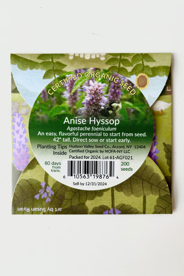 Back side of the Anise Hyssop seed pack with text that reads certified organic seed and growing instructions against white background