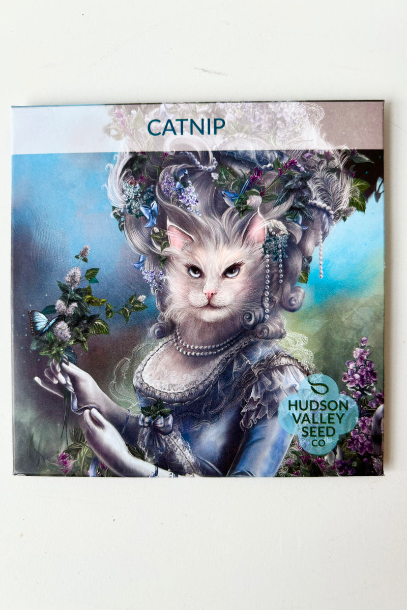 Cat nip seed pack with a picture of a white cat dressed in a Victorian Dress holding a sprig of catnip with a Hudson Valley Logo on the bottom right corner against a white background
