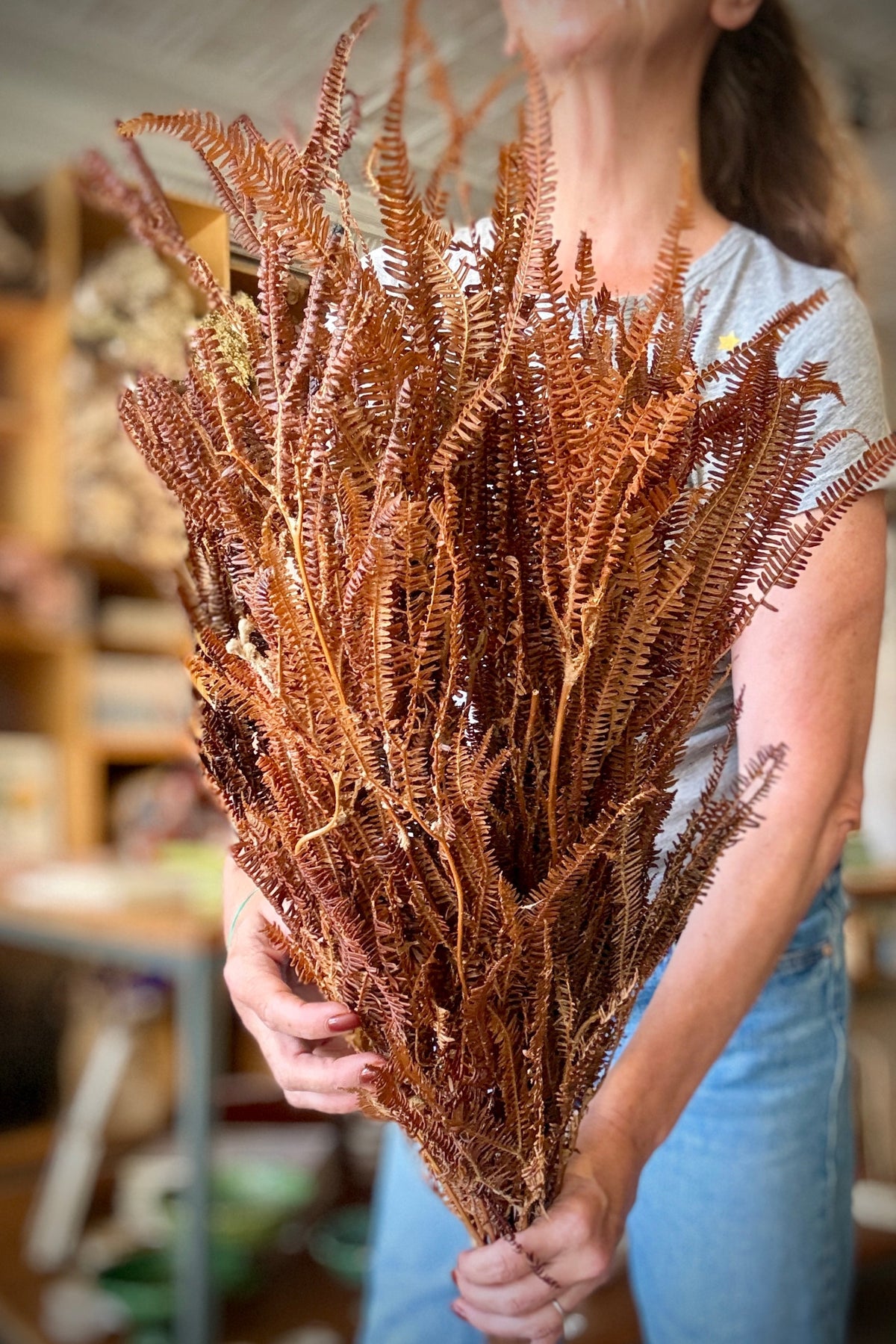 Helecho x3 Natural Preserved Bunch being held by a person in at Sprout Home Floral ©Sprout Home 