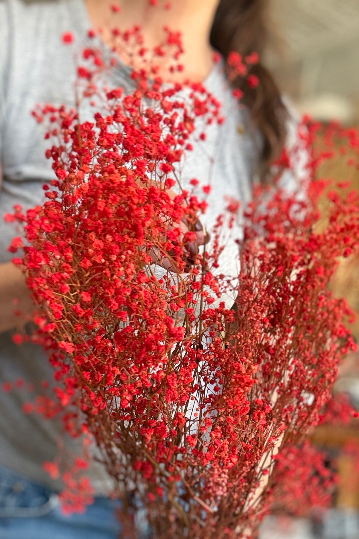 Gypsophila Paniculata Red Color Preserved Bunch close up with someone holding it ©Sprout Home