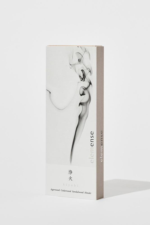 Elemense Kiyobi incense packaging shown from the front with the gray smoke graphics on a white background.