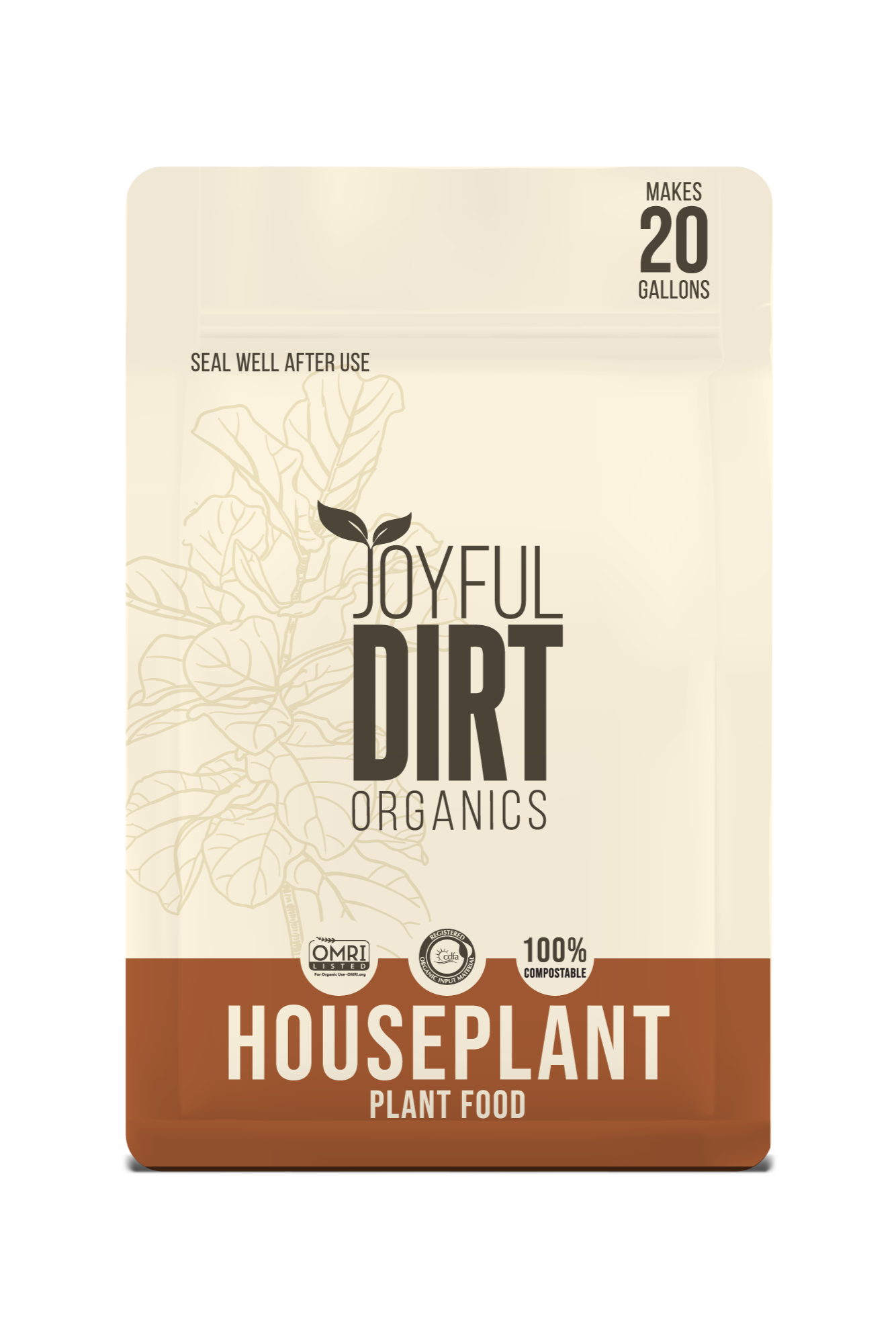 Photo of a bag of Joyful Dirt Houseplant plant foot in a brown and tan bag in front of a white background. Joyeful Dirt Organics is in a stylized typface across the middle of the bag ©Sprout Home
