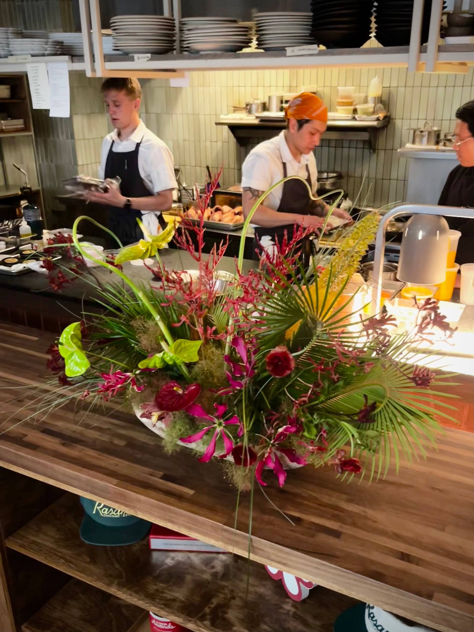 A Sprout Home Floral arrangement at Kasama near the kitchen ©Sprout Home