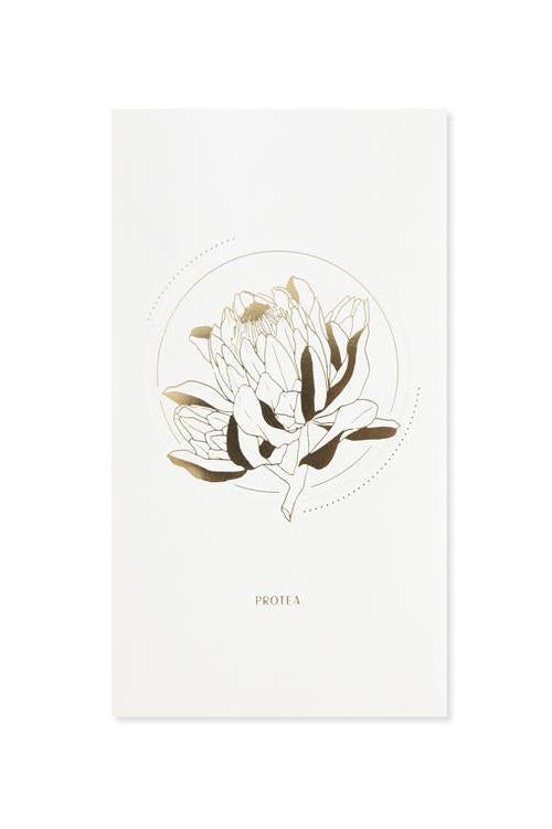 The front of the Protea pop up card with its gold foil on white .