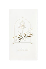 The from to the lady slipper orchid card with its gold foil on white. 