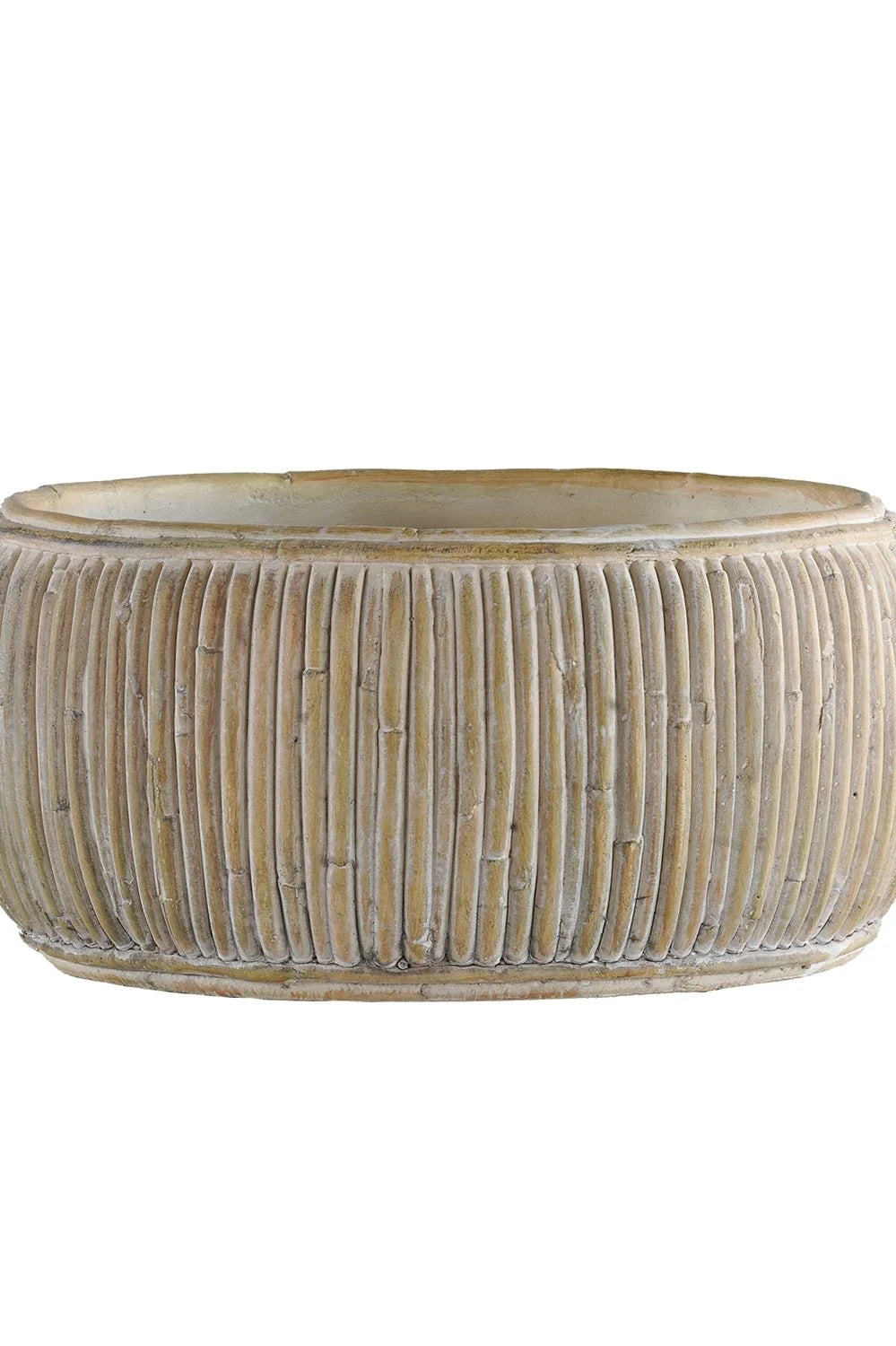 Large shallow concrete faux rattan planter empty against a white background