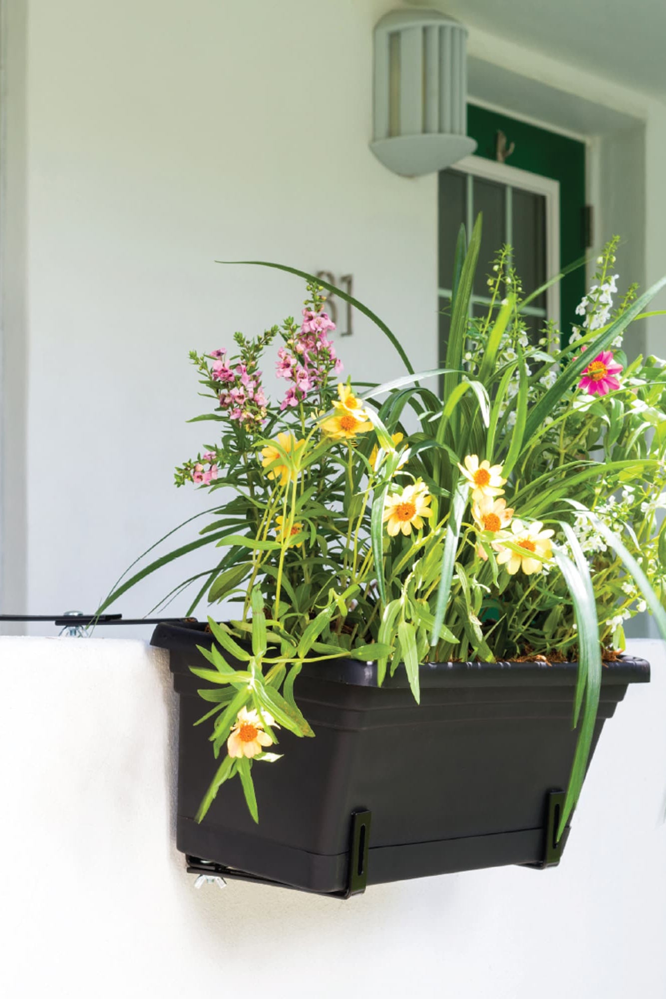 Floral arrangement in a black planter box on a white ledge with a building facade in the background. ©Crescent 