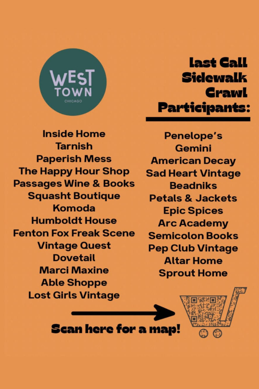 Orange poster with black text listing West Businesses and a call to action for an interactive map ©Sprout Home