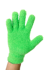 green microfibre glove being worn