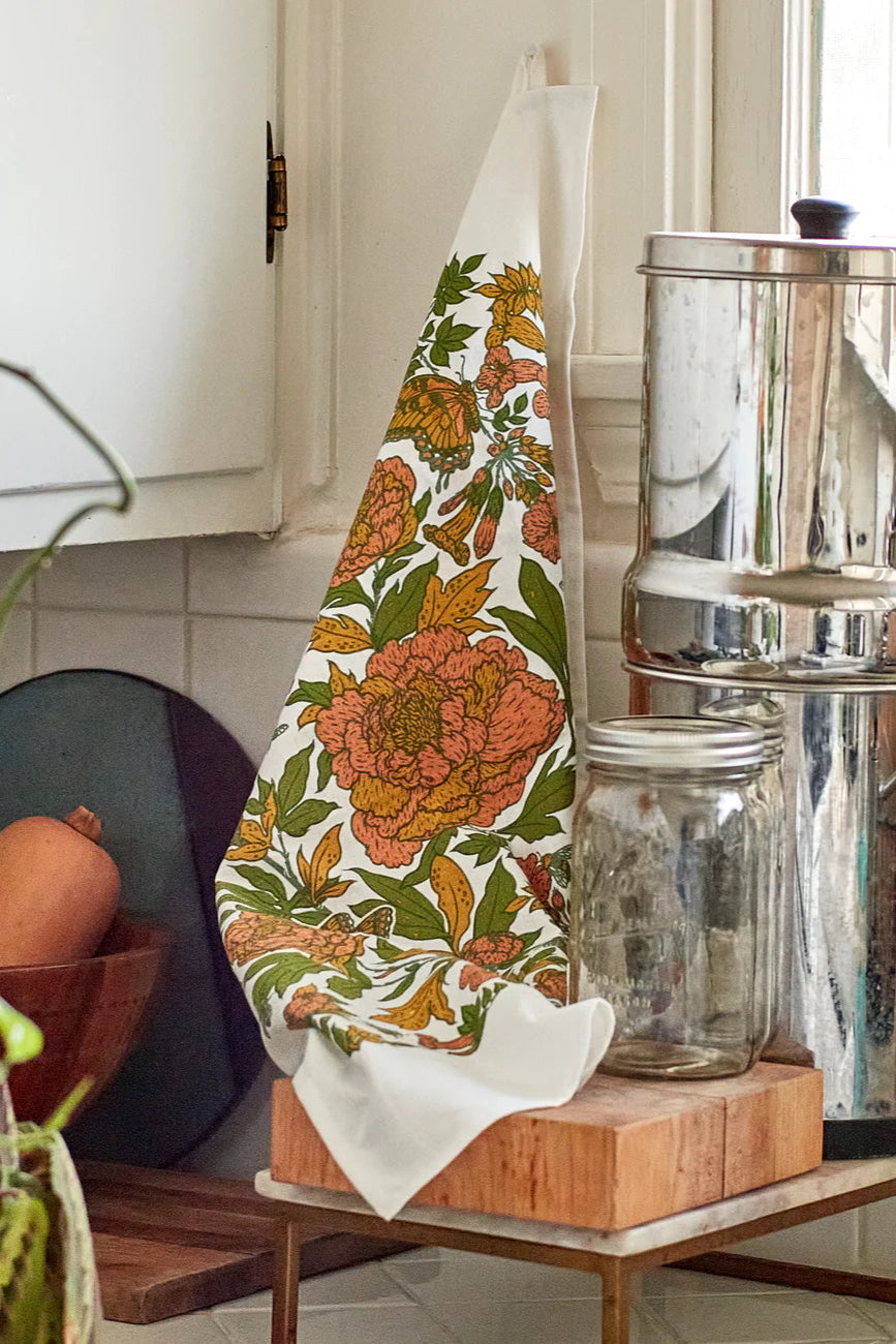 Peonies Organic Cotton Tea Towel  hanging in a kitchen ©Mustard Beetle