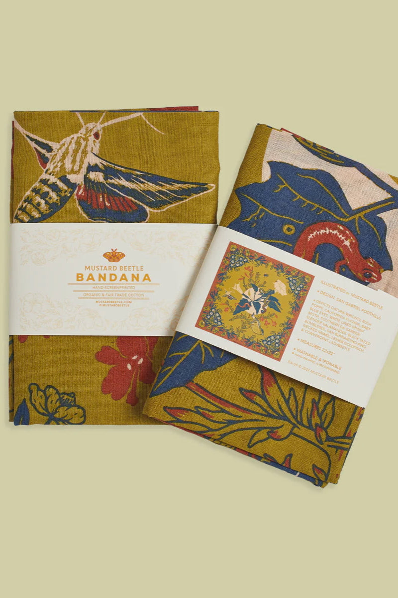Organic Fair Trade San Gabriel Foothills Bandana shown in its packaging - both front and another one showing the backside ©Mustard Beetle
