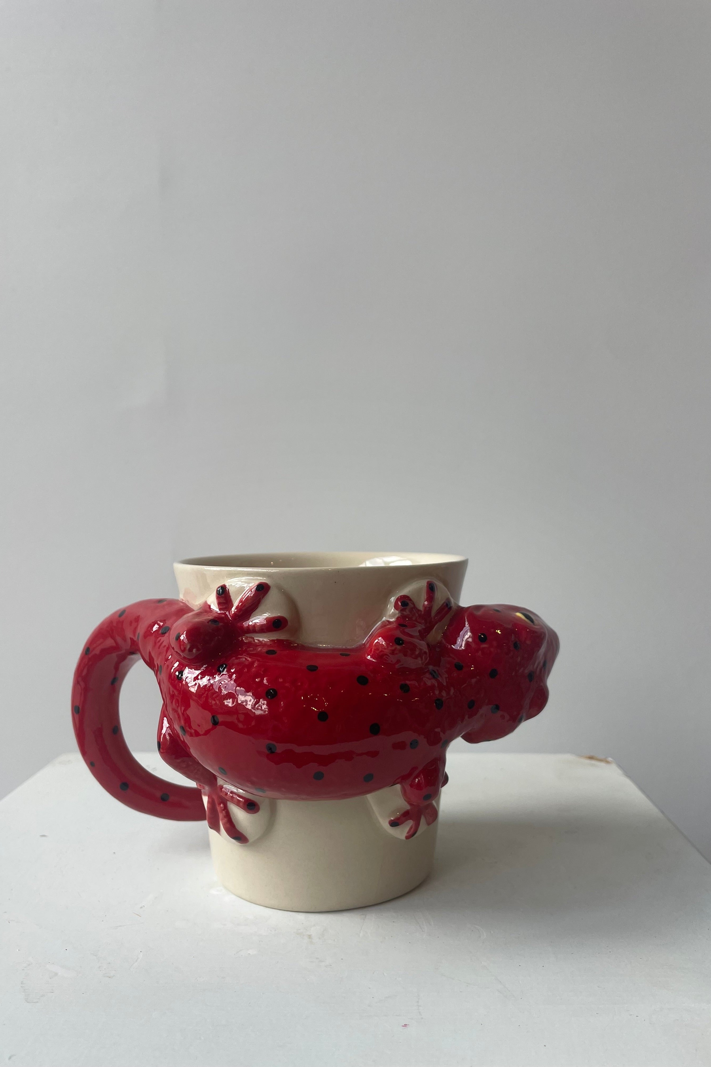 Photo of a white mug on a white table in a white room. A red salamander shapes the body and handle of the mug. The mug sits upright at Sprout Home.