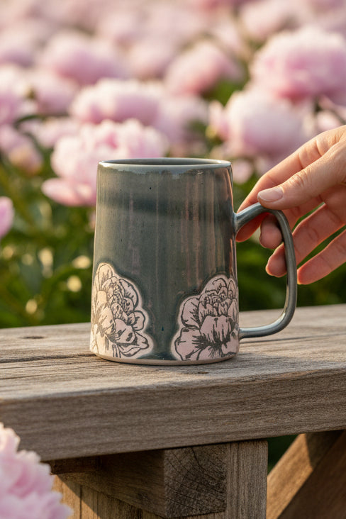 Gray ceramic City in Bloom mug with floral designs on a white surface ©Sprout Home