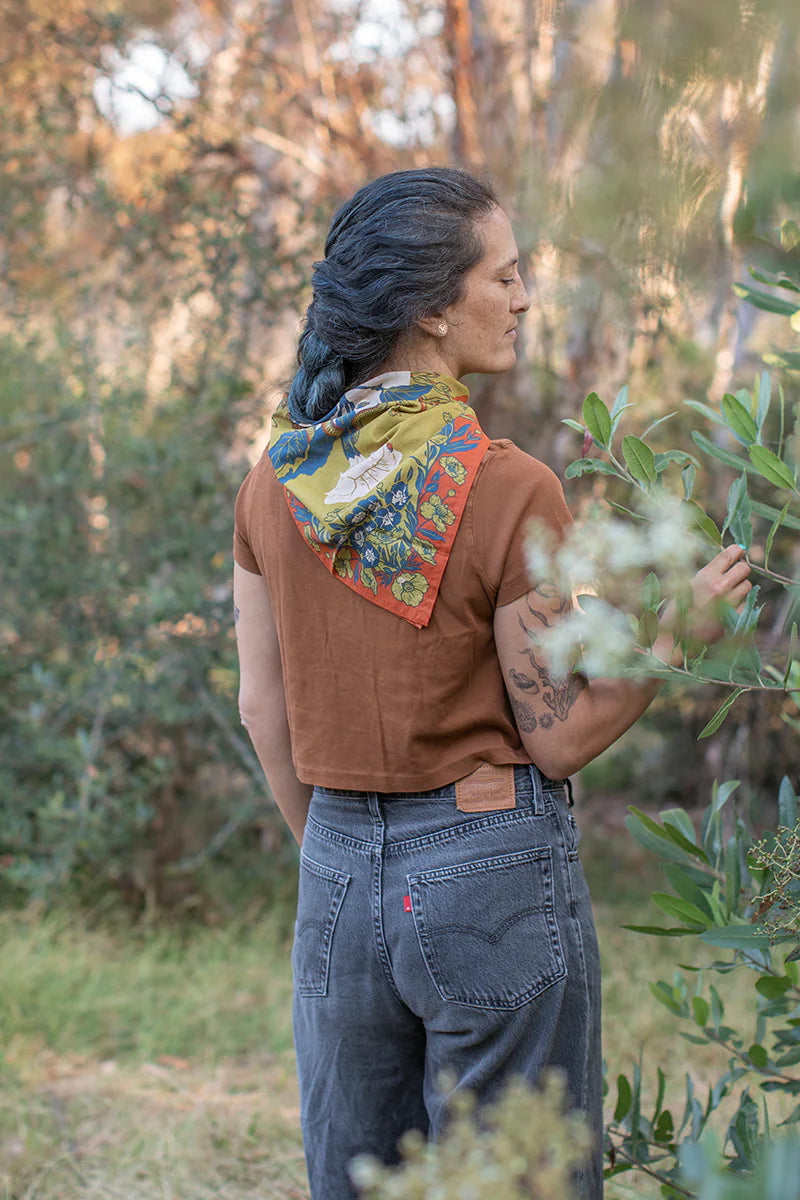 Organic Fair Trade San Gabriel Foothills Bandana being worn and shown from the back on the model ©Mustard Beetle
