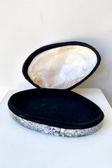 The shell trinket box open to show the black interior.