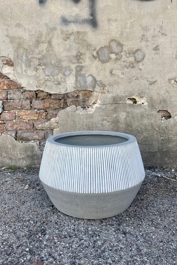 Photo of white and gray striped Harley Low Pot against a cement wall.