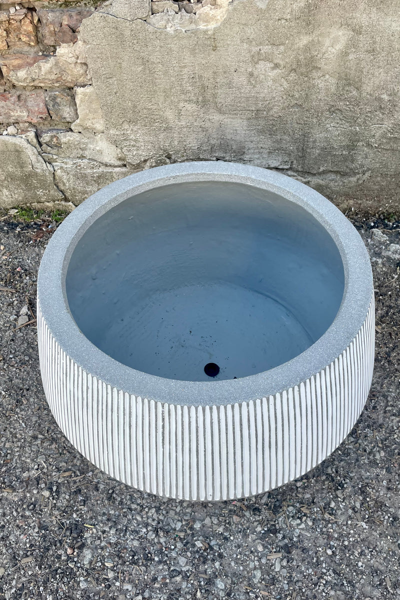 Photo from above of white and gray striped Harley Low Pot against a cement wall.