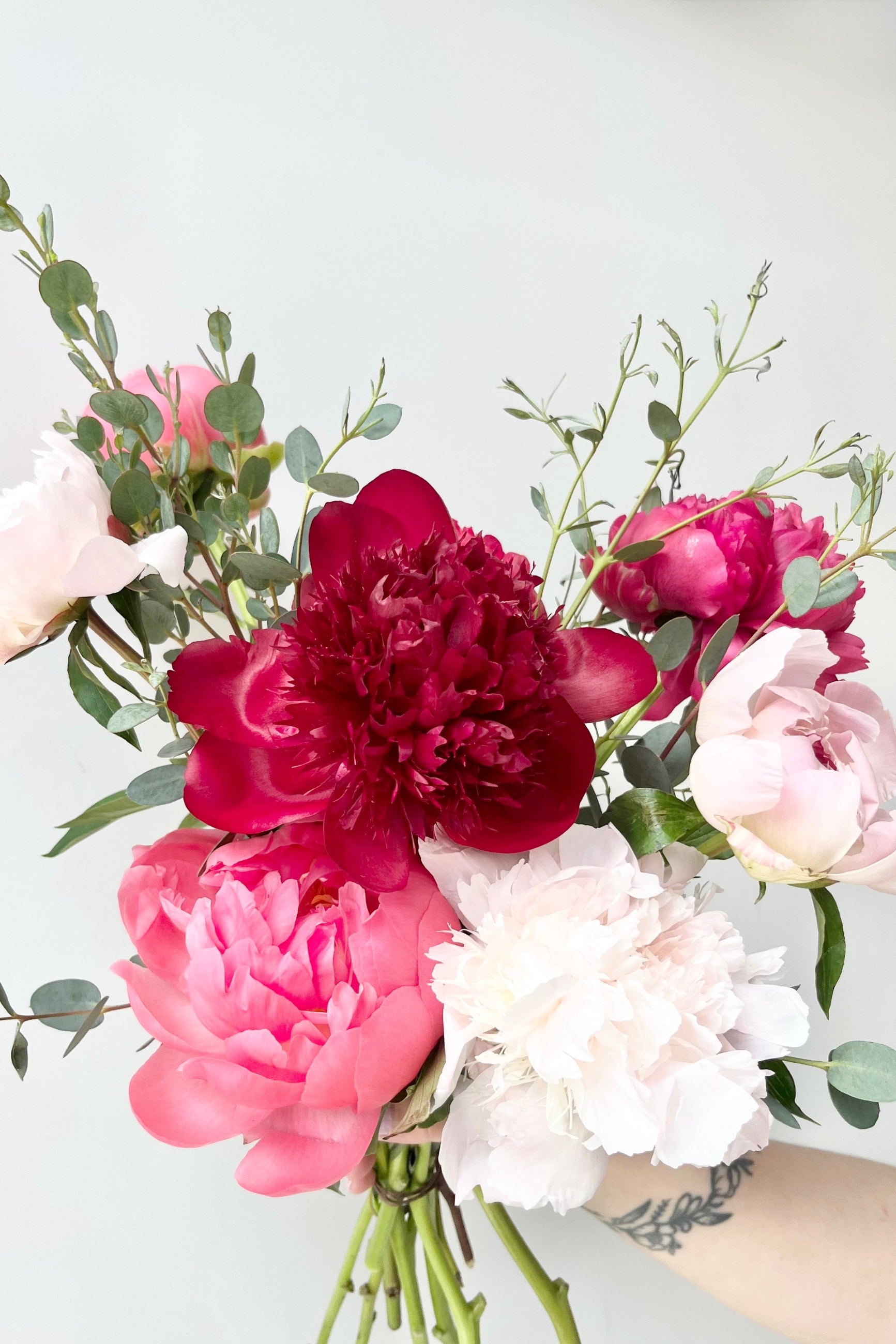 Bouquet of pink, red, and white Peony  flowers with green leaves on a light gray background ©Sprout Home #size_$100