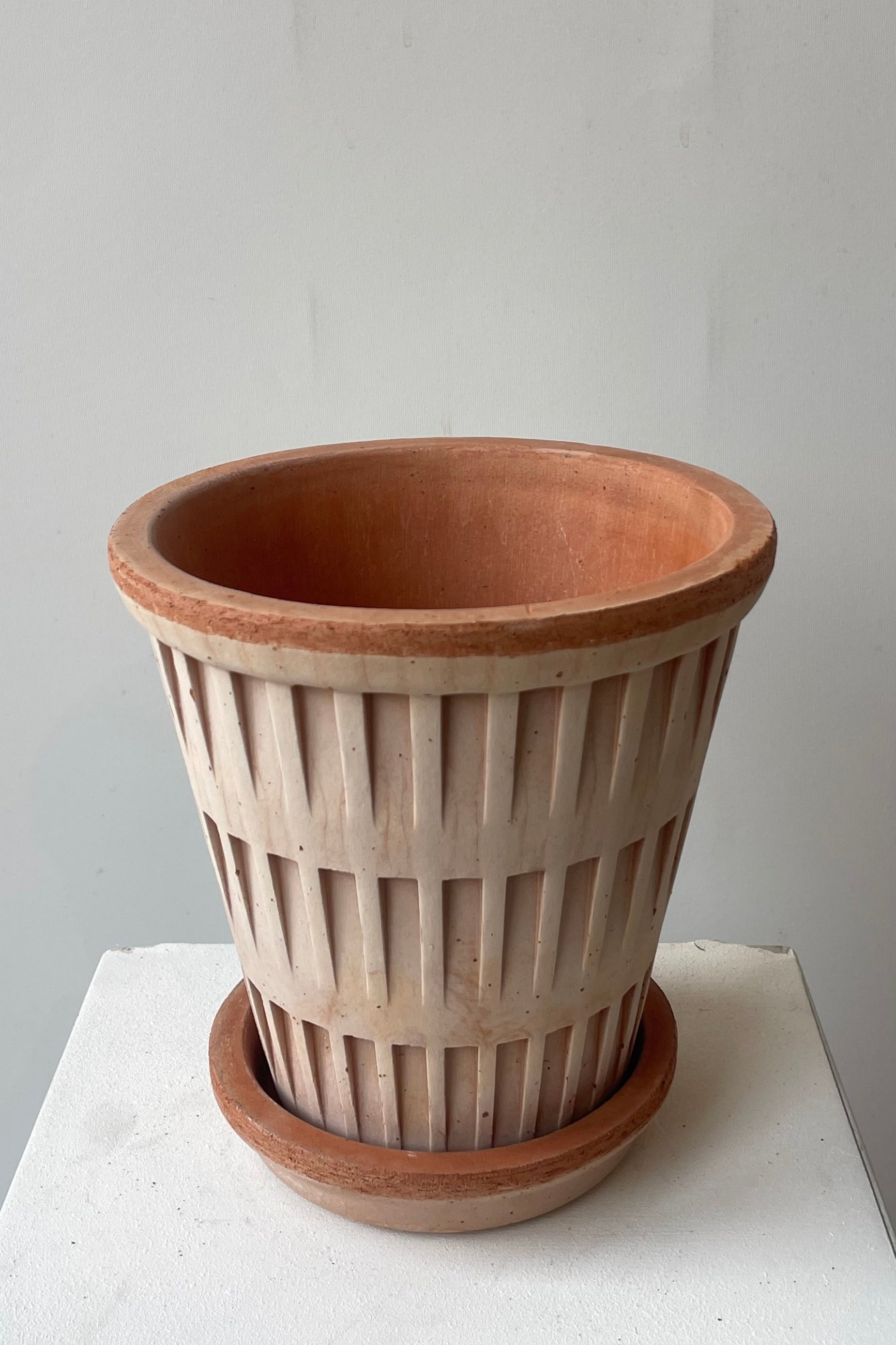A terrcotta pot and saucer with a ribbed design shown from above in a white room ©Sprout Home