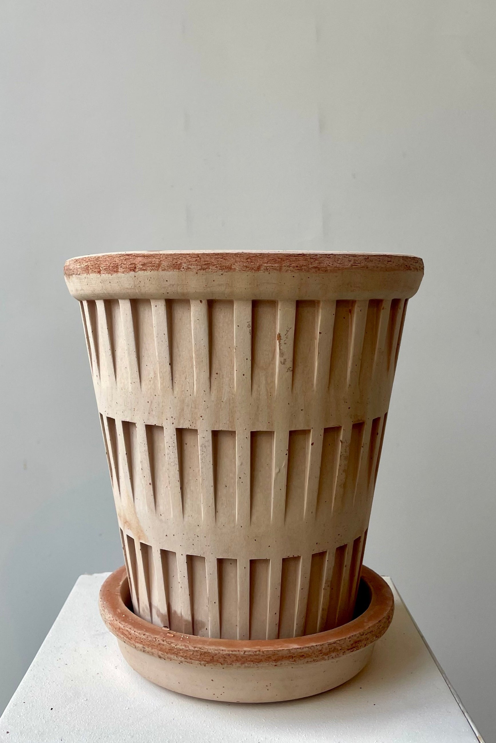 A terrcotta pot with a textured design on a white wall. Pantheon pot by Bergs Potter. ©Sprout Home