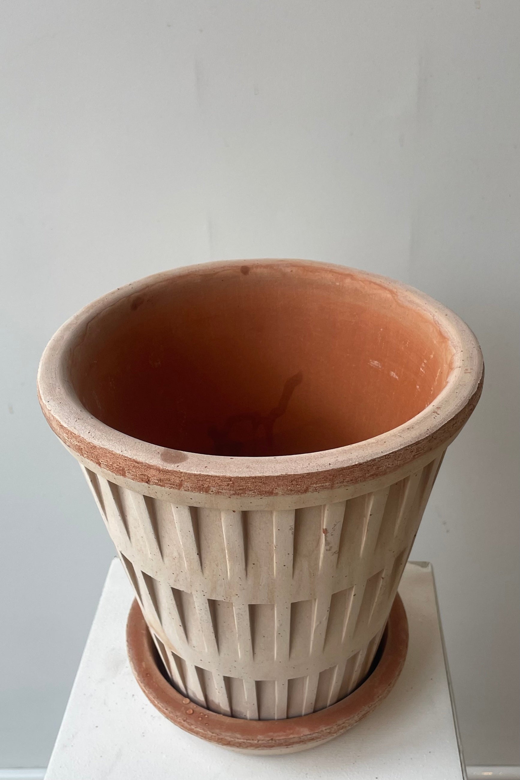 A terrcotta pot with a textured design on a white wall shown from above. Pantheon pot by Bergs Potter. ©Sprout Home