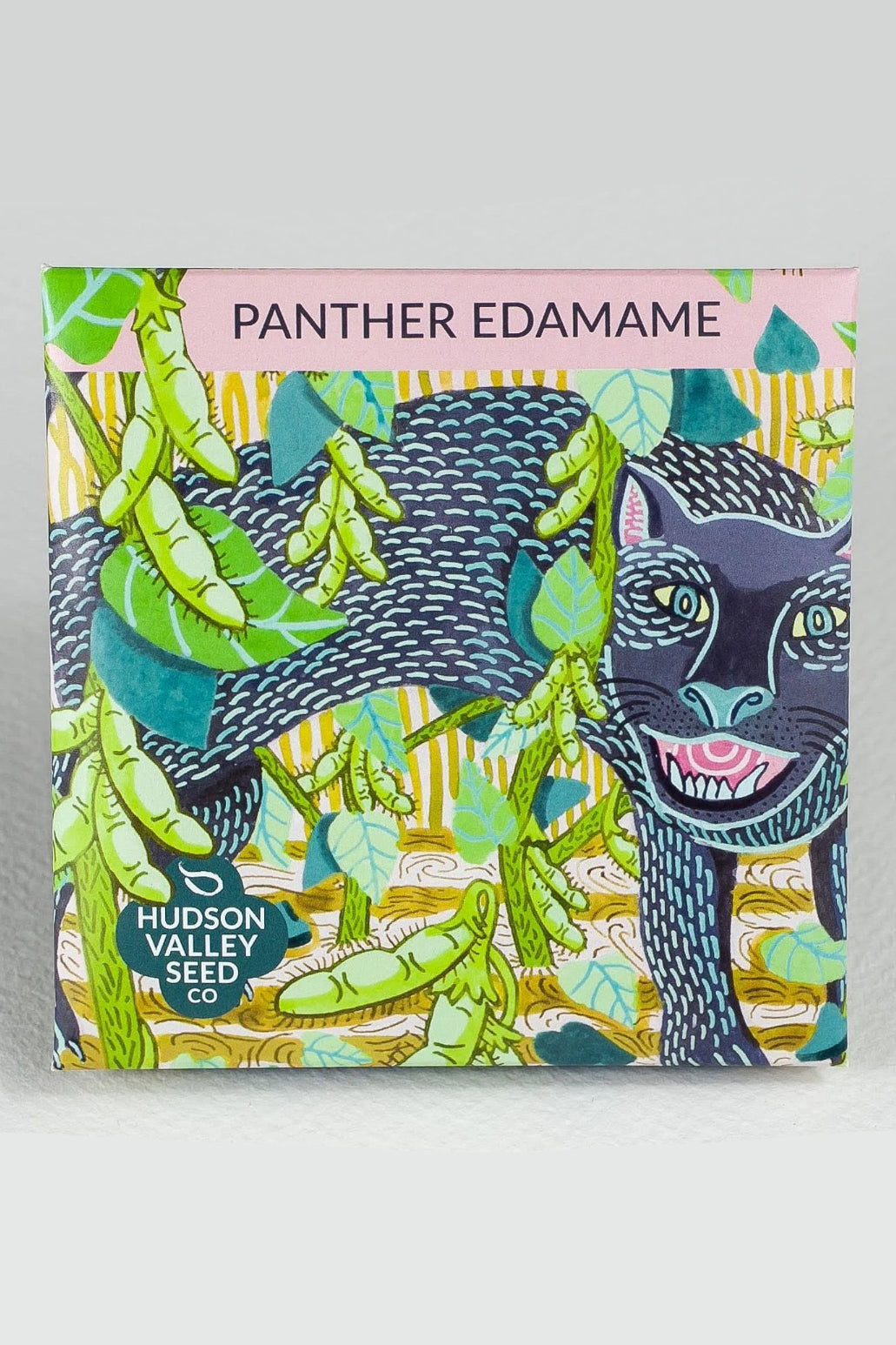 Panther Edamame packaging with a panther design and green beans on a colorful background. ©Hudson Valley Seed Co.
