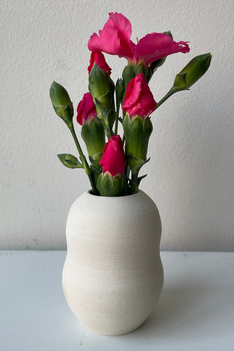The eggshell color petite pastel bubble vase with fuchsia colored flowers against a white wall.