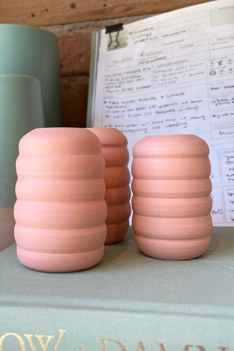Three Petite Pastel Ribbed ceramic vases sitting on a book on the display shelves at Sprout Home floral & table store. 