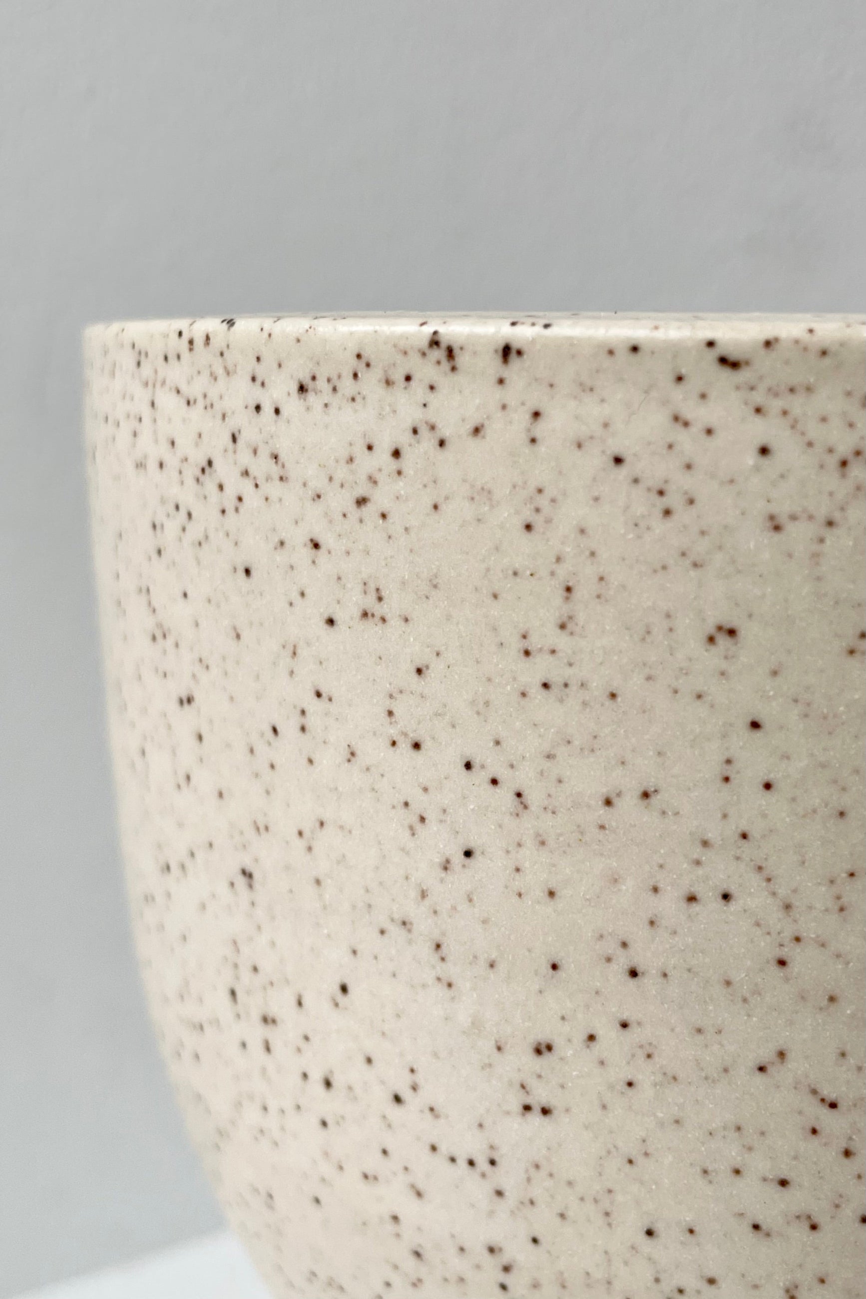 Detail of the finish of Cream Speckle on the tabletop an saucer planter.  ©Sprout Home