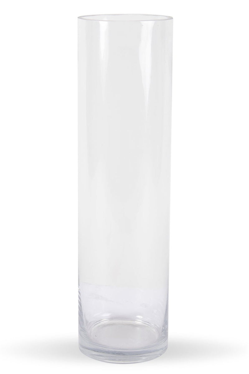 Clear glass 12" x 3" cylinder vase against white. 