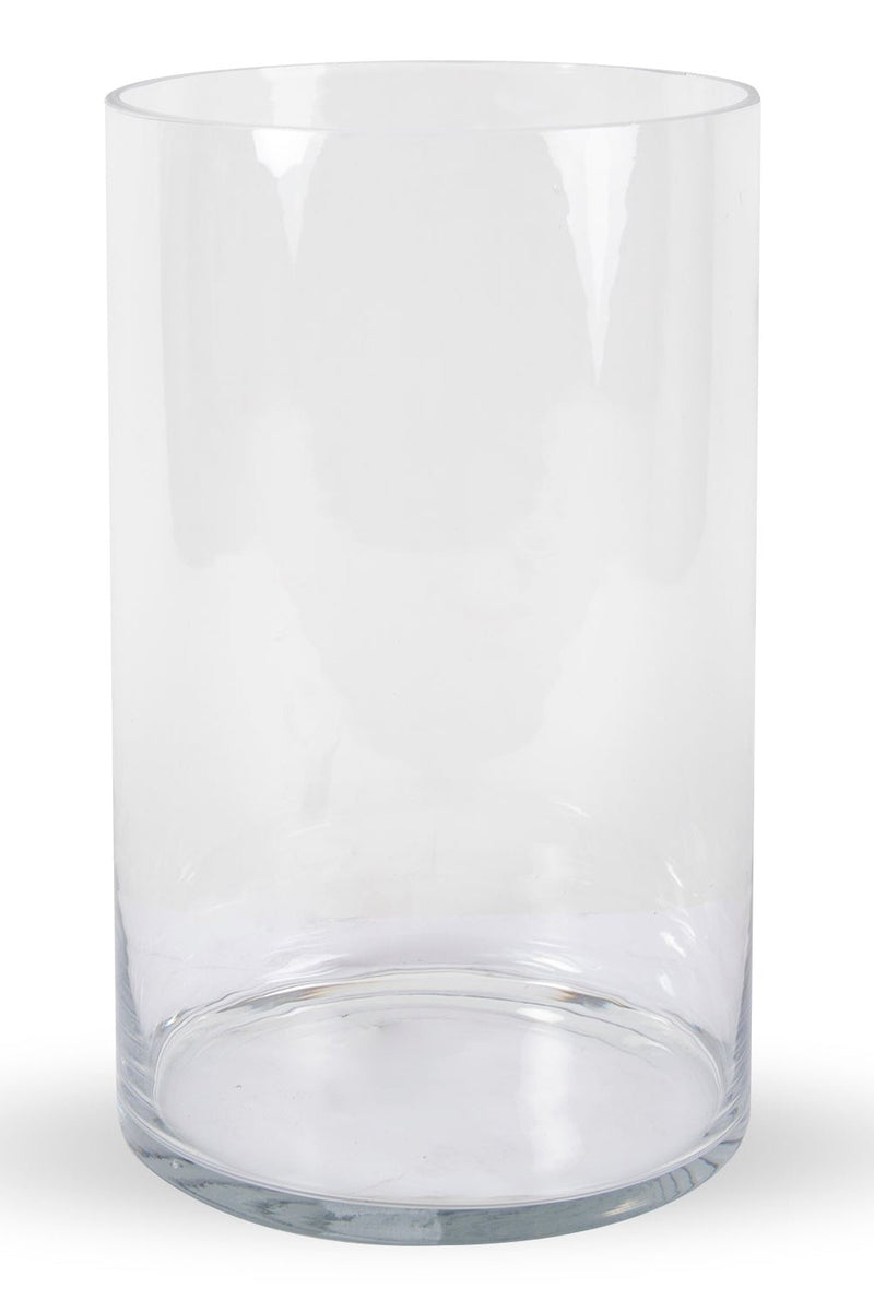 14"h x 8" diameter clear glass vase on a white background. 