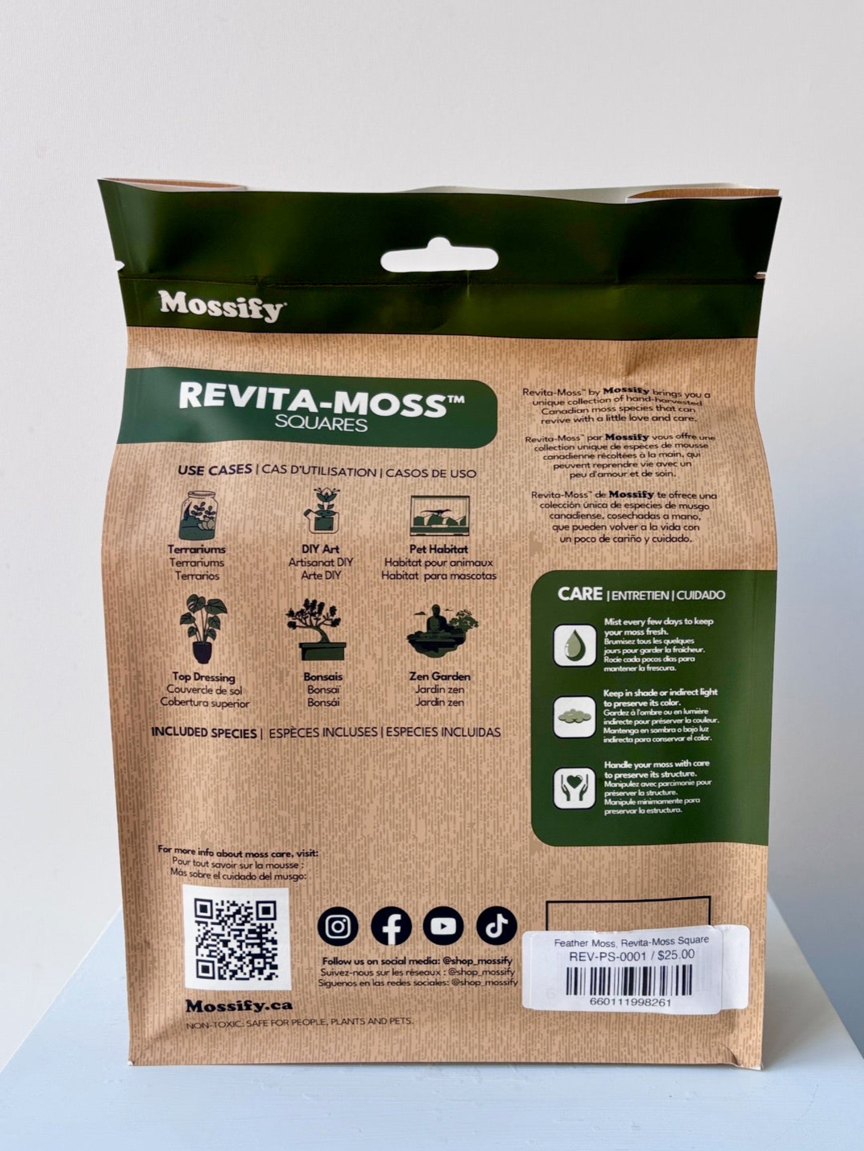 Back of packaging for feather moss by Revita-Moss in a 6in x 6in sqaure against a white wall ©Sprout Home