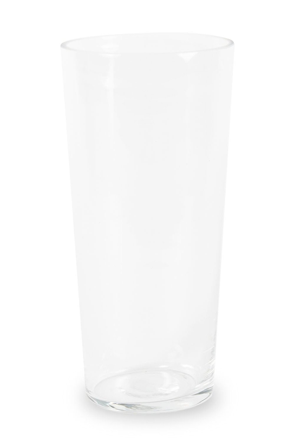 The 11" x 4.5" clear glass tapered vase empty and on white background.