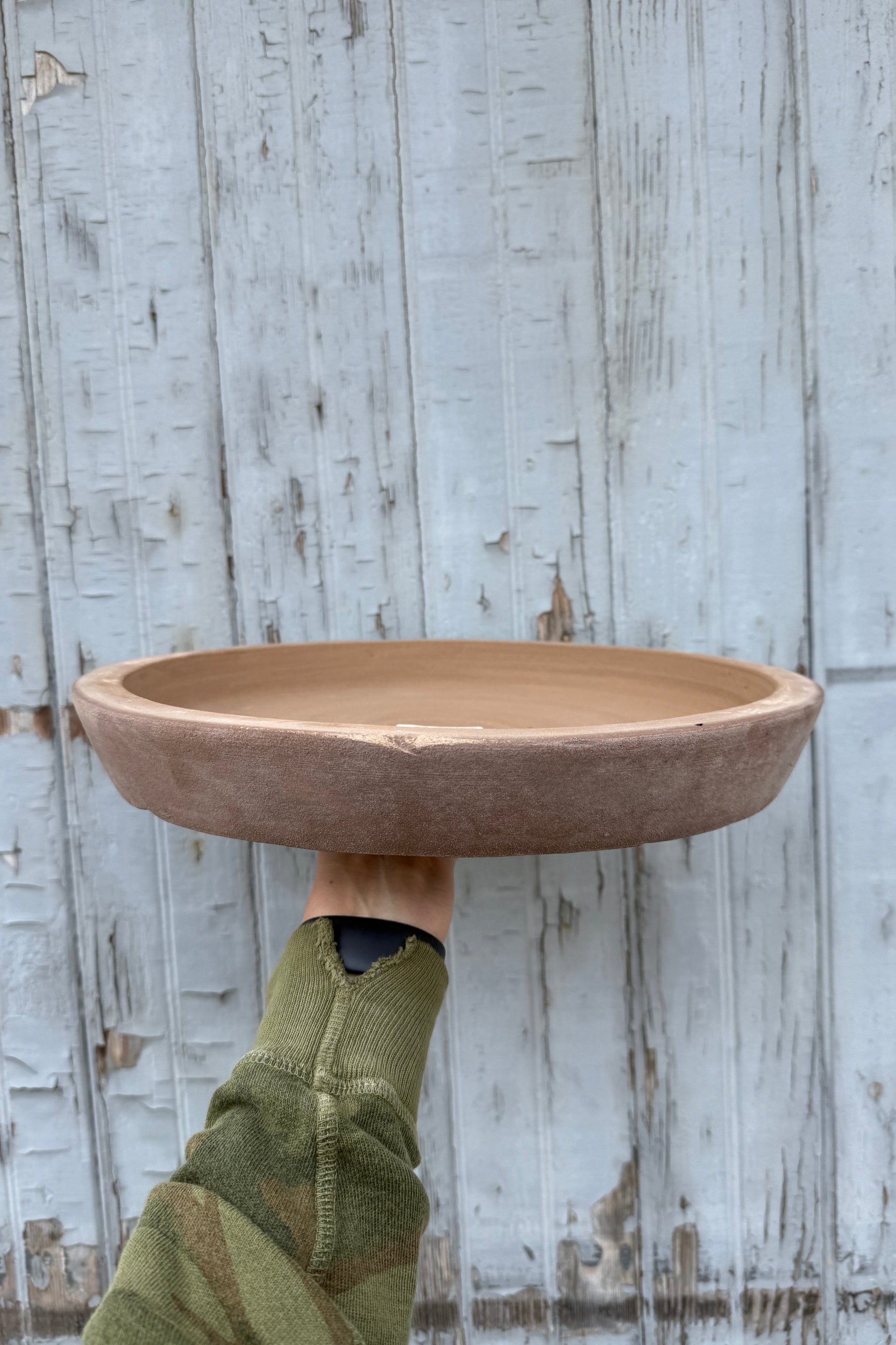 Person holding a Vientnamese saucer at eye level against a rustic wooden background ©Sprout Home