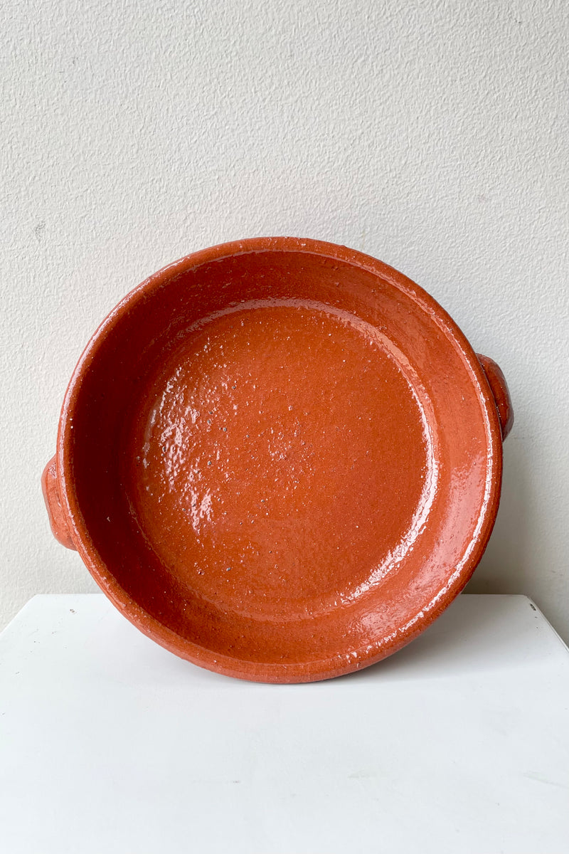 Small terra cotta Roasting dish against a white wall looking inside.