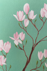 Magnolia greeting card by Stengun up close detail shot of the pink flowers on delicate branches. 