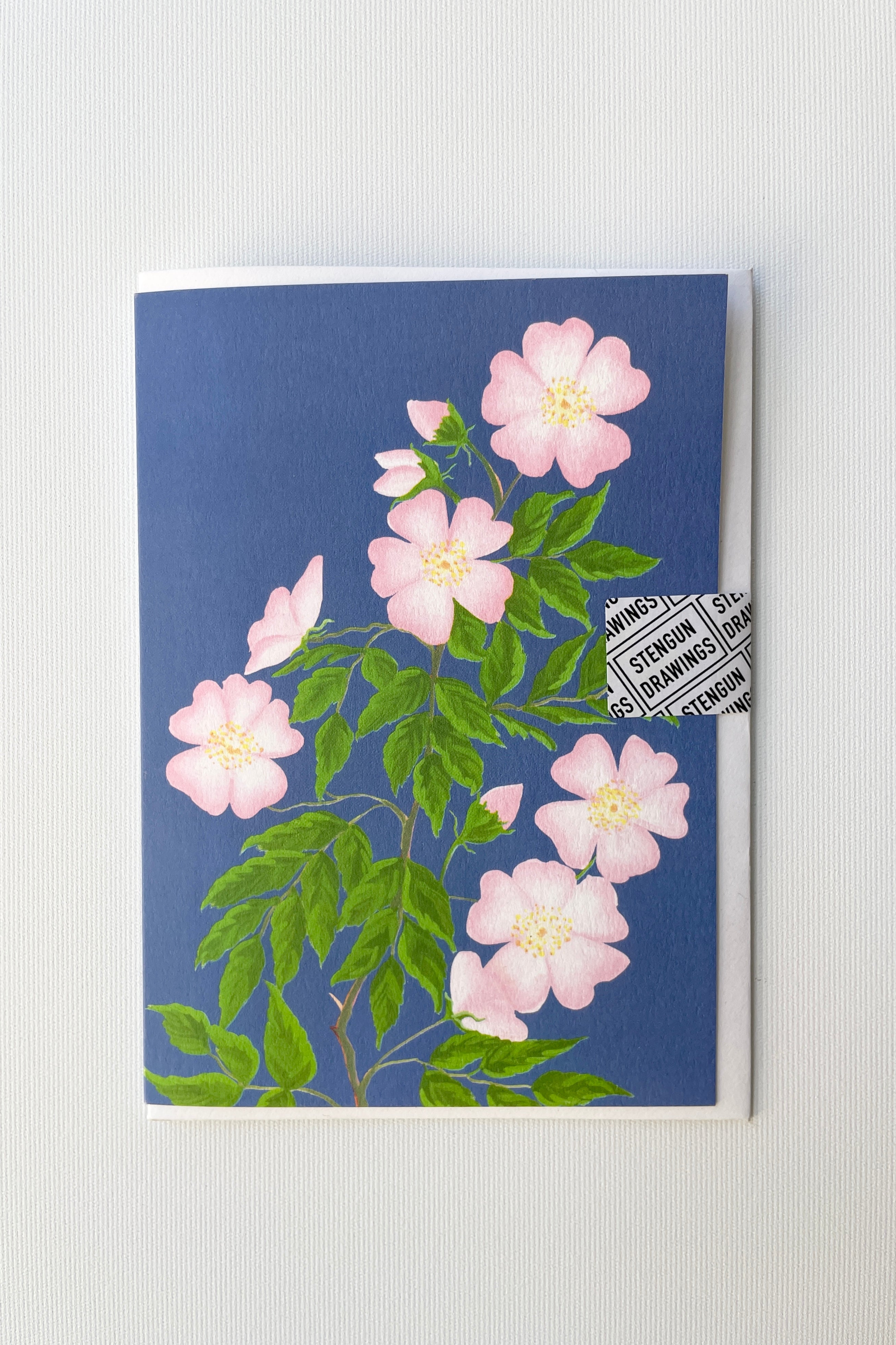 Dog Rose greeting card by Stengun drawings at Sprout Home showing the front of the card with the pink flowers. 