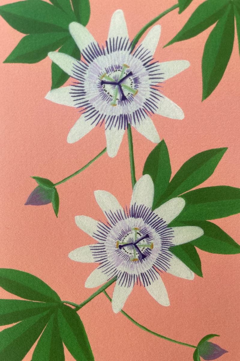 Detail of the white and purple passion flowers with green leaves and a pink background on the Stengun Passion Flower card. 