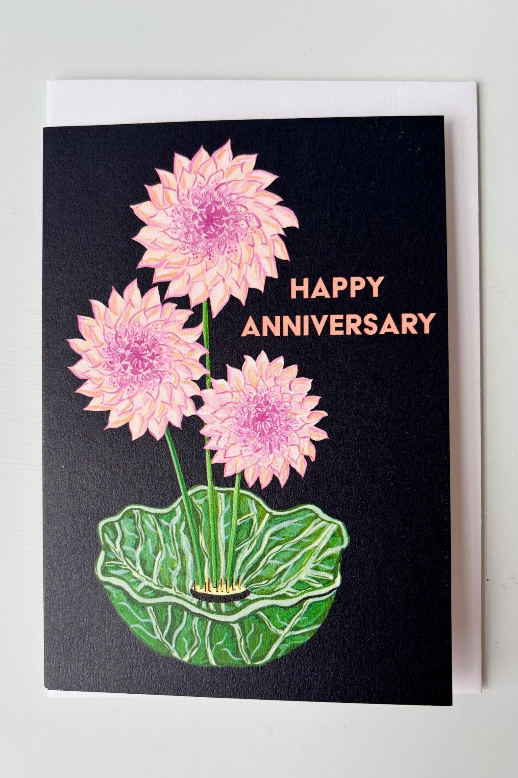 Happy Anniversary greeting card with pink dahlias displayed in a green bowl on a black background ©Sprout Home