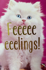 Detail of the Feeeeeeelings! Card with the white cat and gold lettering.