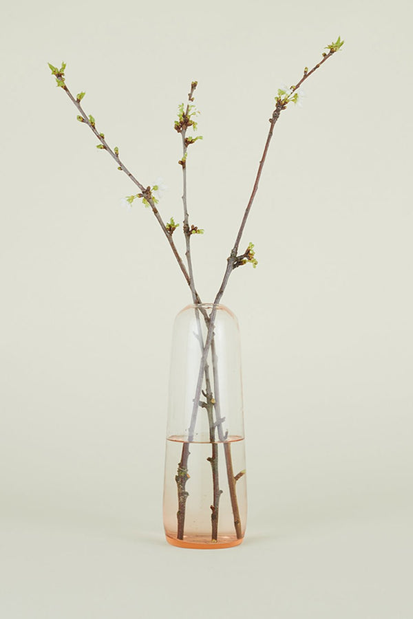 blush small Aurora pill vase by Hawkins New York with branches inside.