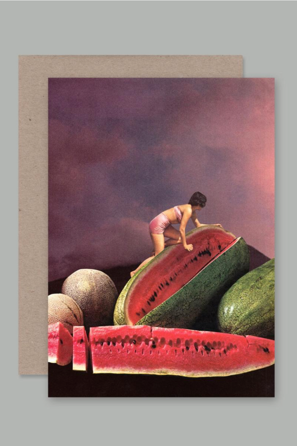 The surreal Ripe card by AHD at Sprout Home. Woman climbing a watermelon.