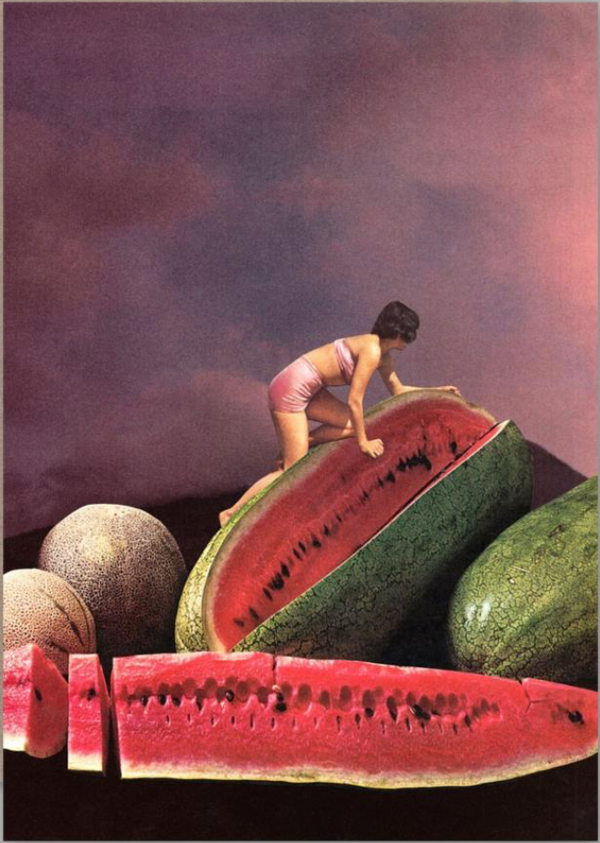 detail of the Ripe card by AHD featuring giant watermelon and a vintage woman climbing one. 