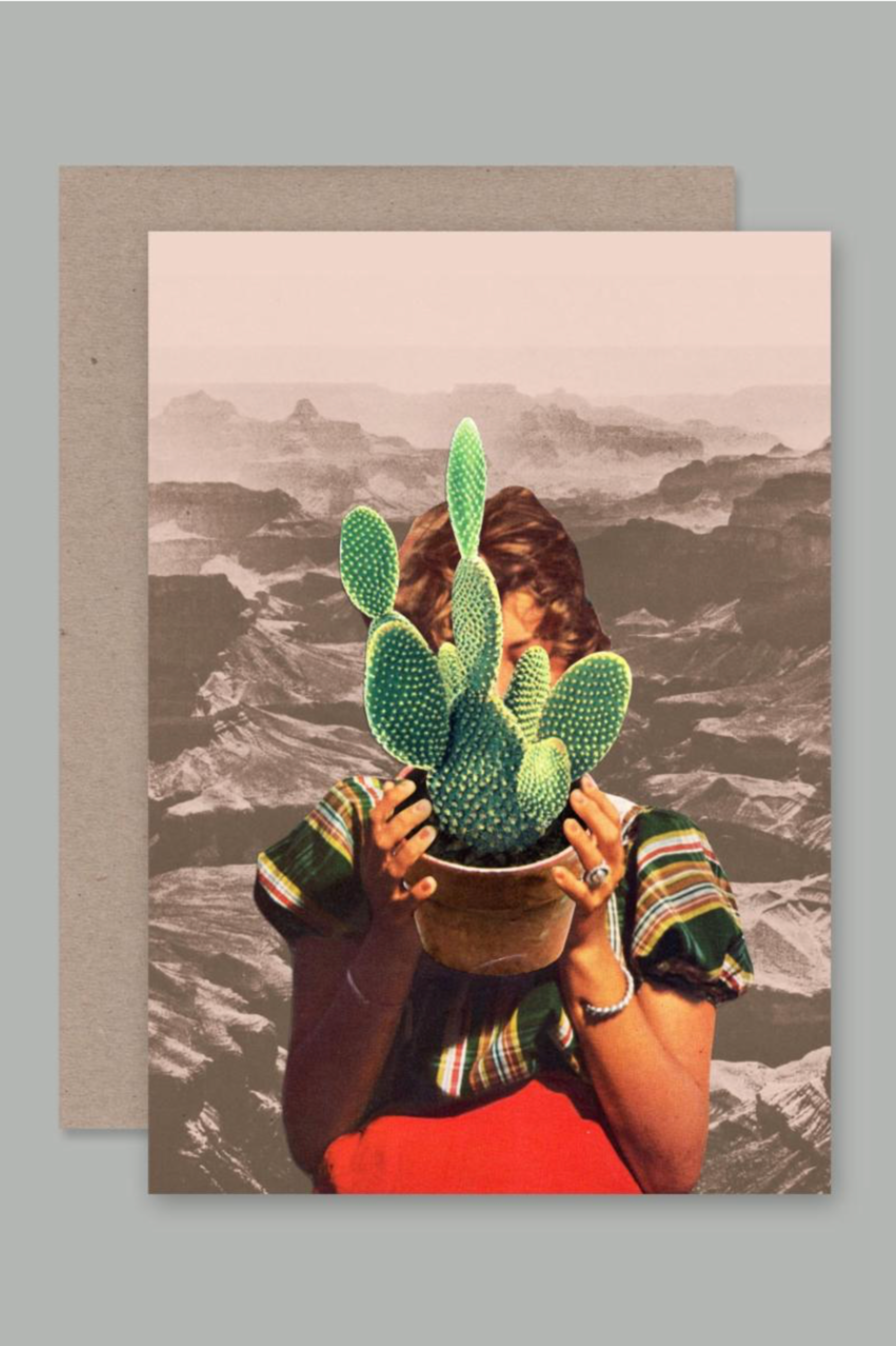 The surreal Thirsty card by AHD at sprout home. A woman holding a potted cactus in front of a sepia mountain desert. 