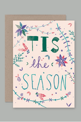 Tis the Season card by AHD featuring a pink background and "Tis the Season' written in various fonts. 